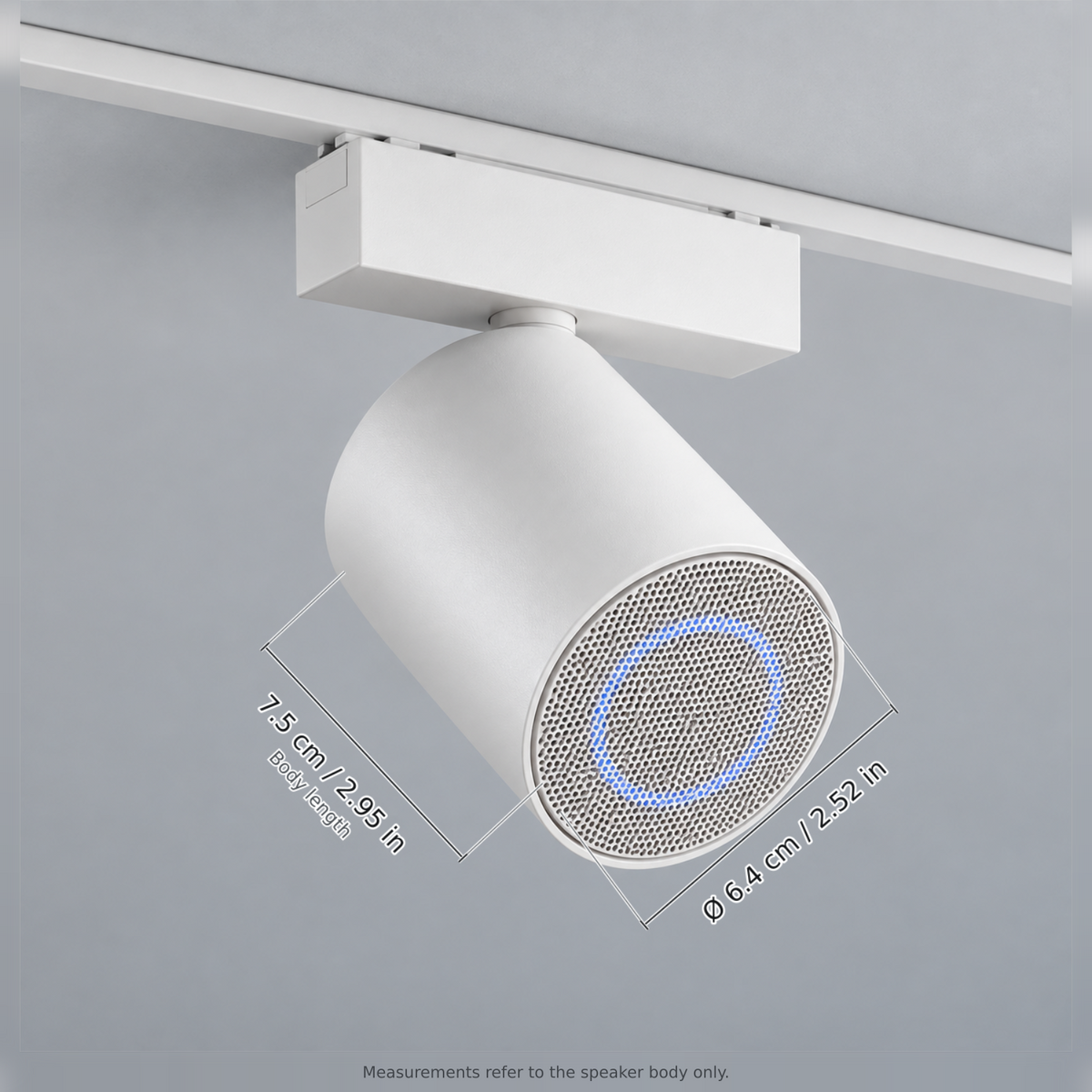 White bluetooth speaker with dimension lines in centimetres and inches: Speaker diameter Ø 6.4 cm / 2.52 in; Body length 7.5 cm / 2.95 in.