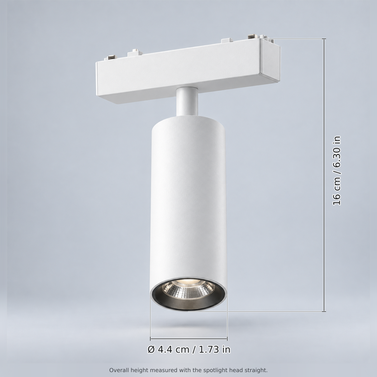 White diameter 4.4 cm (spotlight 9w) with dimension lines in centimetres and inches: Overall height (head straight) 16 cm / 6.30 in; Head diameter Ø 4.4 cm / 1.73 in.