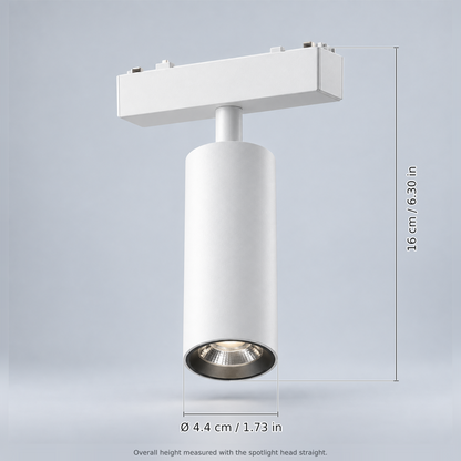 White diameter 4.4 cm (spotlight 9w) with dimension lines in centimetres and inches: Overall height (head straight) 16 cm / 6.30 in; Head diameter Ø 4.4 cm / 1.73 in.
