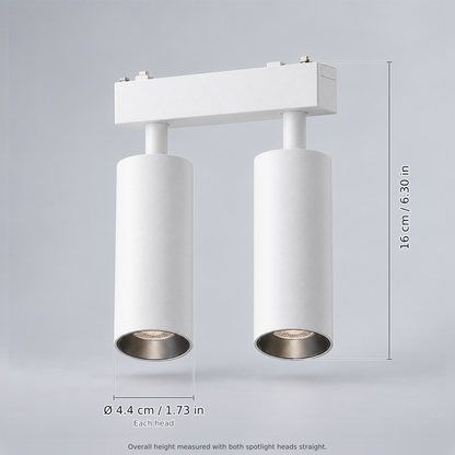 White double spotlight 18w with dimension lines in centimetres and inches: Overall height (heads straight) 16 cm / 6.30 in; Each head Ø 4.4 cm / 1.73 in.
