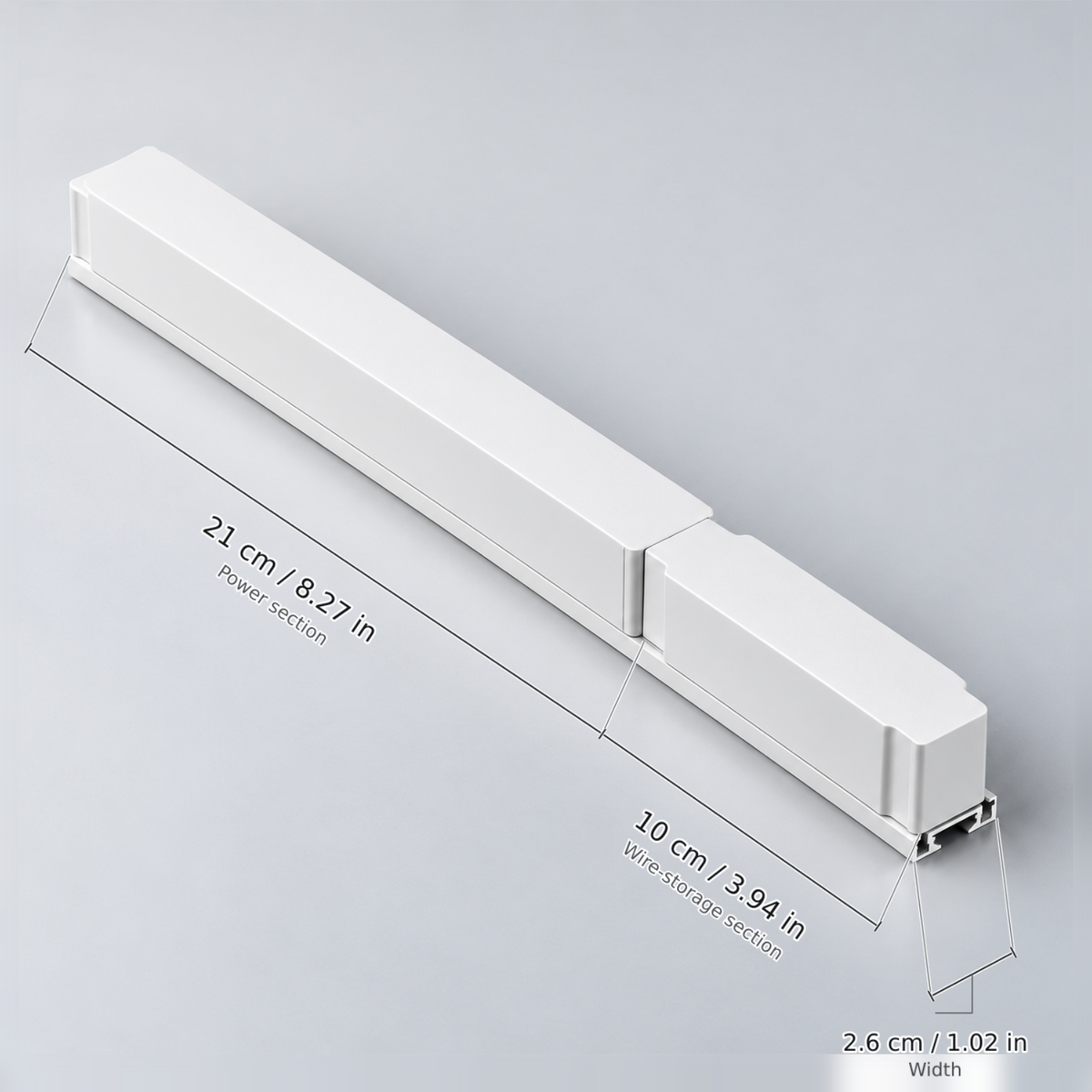 White driver 100w, 220v with dimension lines in centimetres and inches: Power section 21 cm / 8.27 in; Wire-storage section 10 cm / 3.94 in; Width 2.6 cm / 1.02 in.