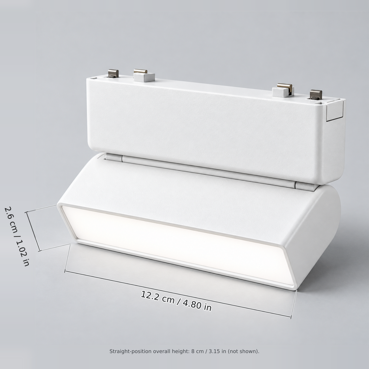 White folding floodlight 5w with dimension lines in centimetres and inches: Module width 12.2 cm / 4.80 in; Body depth 2.6 cm / 1.02 in.