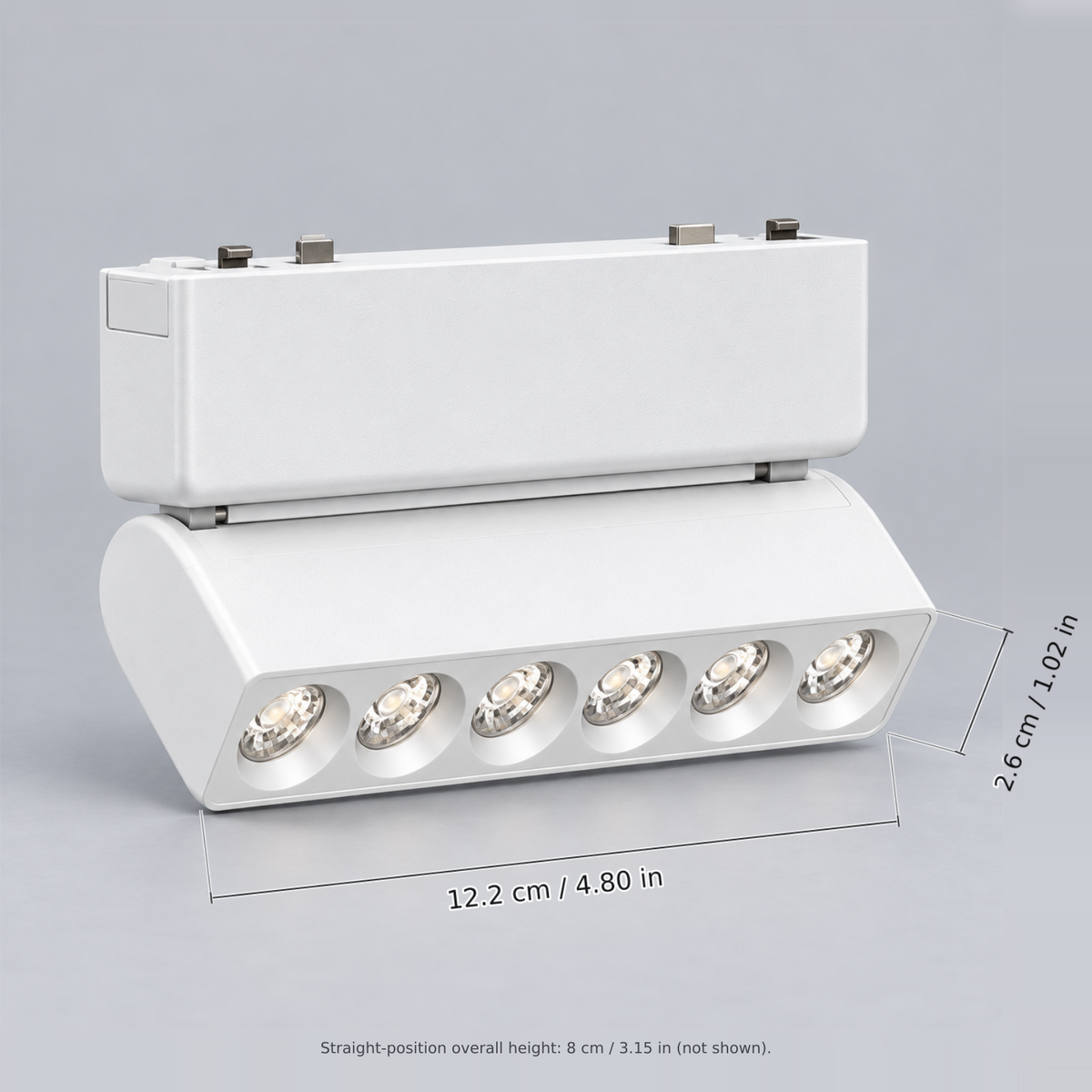 White folding grille 6w with dimension lines in centimetres and inches: Module width 12.2 cm / 4.80 in; Body depth 2.6 cm / 1.02 in.
