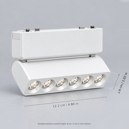 White folding grille 6w with dimension lines in centimetres and inches: Module width 12.2 cm / 4.80 in; Body depth 2.6 cm / 1.02 in.