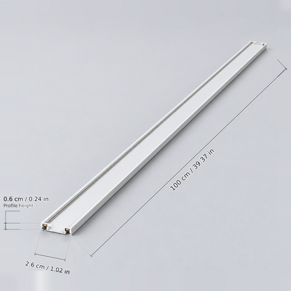 White length 100 cm (surface rail) with dimension lines in centimetres and inches: Length 100 cm / 39.37 in; Width 2.6 cm / 1.02 in; Profile height 0.6 cm / 0.24 in.