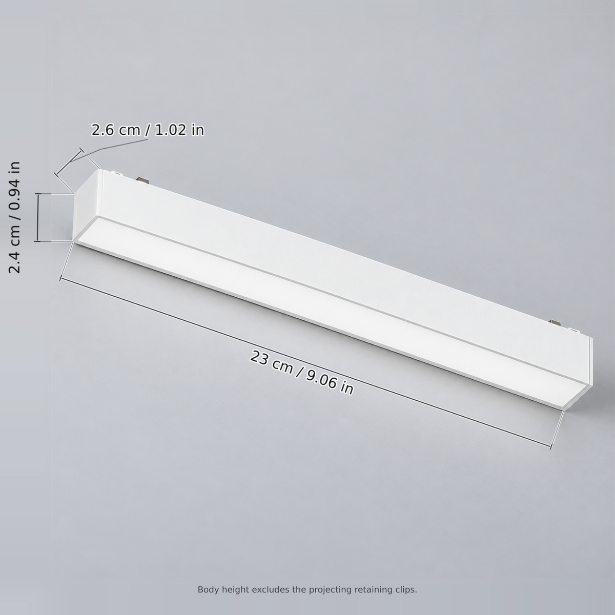 White length 23 cm (floodlight 10w) with dimension lines in centimetres and inches: Length 23 cm / 9.06 in; Width 2.6 cm / 1.02 in; Body height 2.4 cm / 0.94 in.