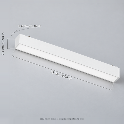 White length 23 cm (floodlight 10w) with dimension lines in centimetres and inches: Length 23 cm / 9.06 in; Width 2.6 cm / 1.02 in; Body height 2.4 cm / 0.94 in.