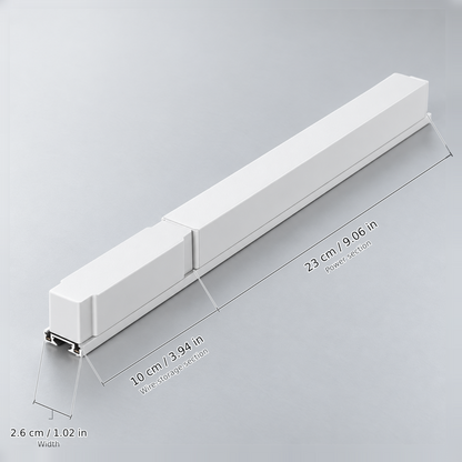 White length 33 cm (driver 150w, 110v) with dimension lines in centimetres and inches: Wire-storage section 10 cm / 3.94 in; Power section 23 cm / 9.06 in; Width 2.6 cm / 1.02 in.