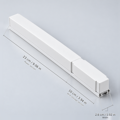 White length 33 cm (driver 200w, 220v) with dimension lines in centimetres and inches: Power section 23 cm / 9.06 in; Wire-storage section 10 cm / 3.94 in; Width 2.6 cm / 1.02 in.