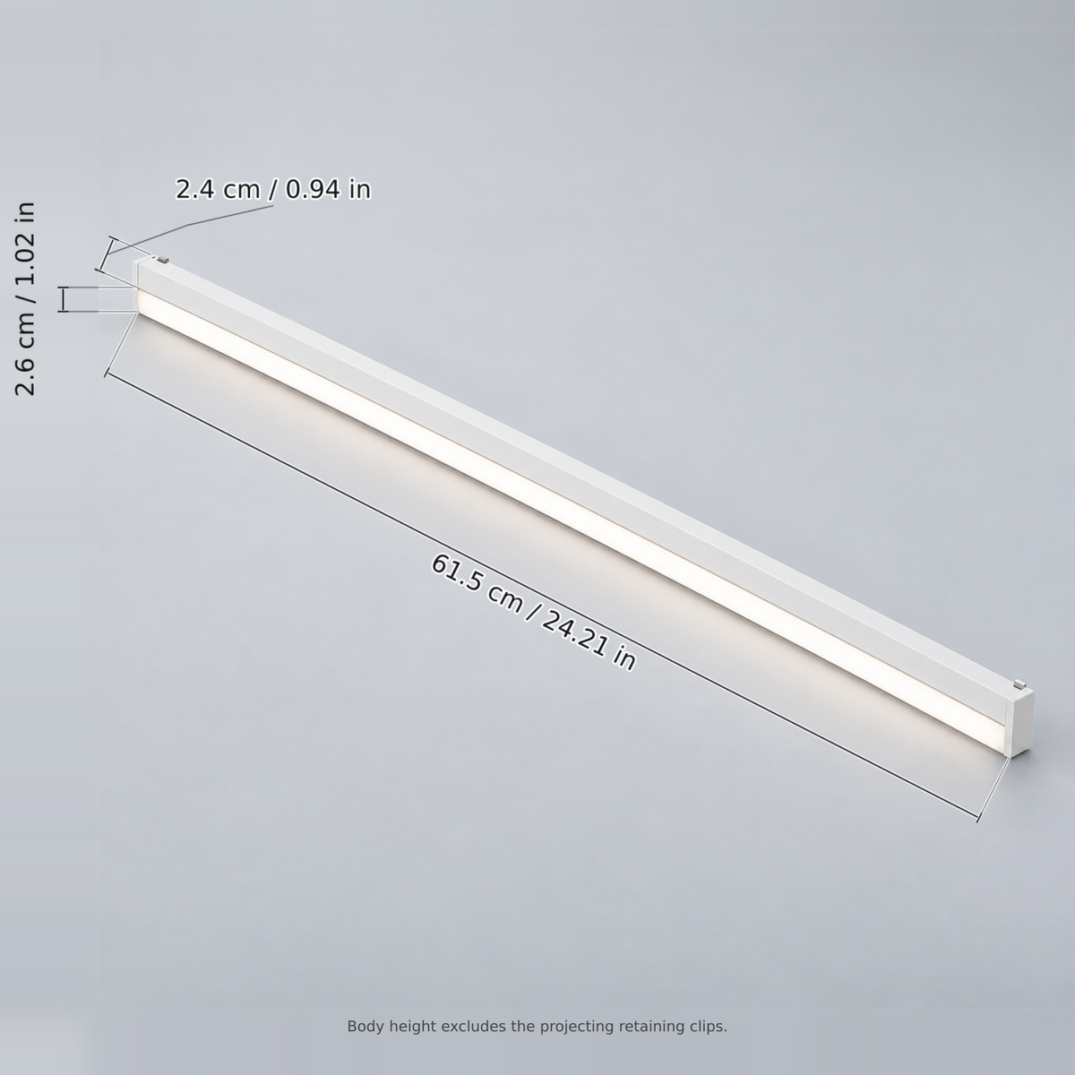 White linear floodlight 20w with dimension lines in centimetres and inches: Length 61.5 cm / 24.21 in; Width 2.6 cm / 1.02 in; Body height 2.4 cm / 0.94 in.