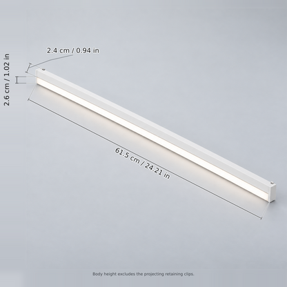 White linear floodlight 20w with dimension lines in centimetres and inches: Length 61.5 cm / 24.21 in; Width 2.6 cm / 1.02 in; Body height 2.4 cm / 0.94 in.