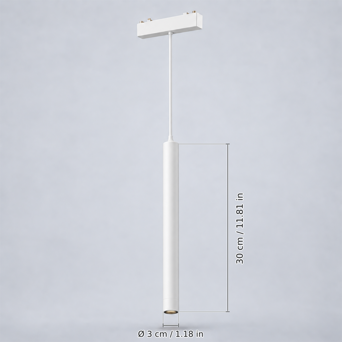 White long pendant 6w with dimension lines in centimetres and inches: Cylinder height 30 cm / 11.81 in; Cylinder diameter Ø 3 cm / 1.18 in.