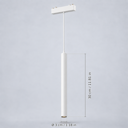 White long pendant 6w with dimension lines in centimetres and inches: Cylinder height 30 cm / 11.81 in; Cylinder diameter Ø 3 cm / 1.18 in.