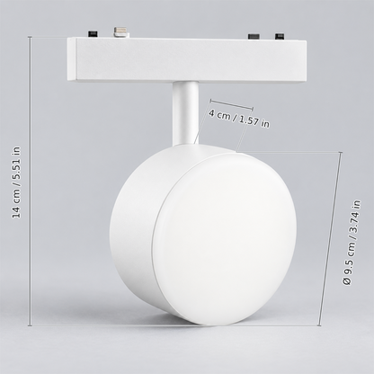 White round fill light a, 9w with dimension lines in centimetres and inches: Overall height excluding contact tips 14 cm / 5.51 in; Head diameter Ø 9.5 cm / 3.74 in; Head depth 4 cm / 1.57 in.