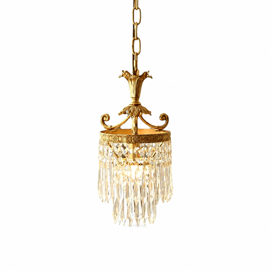 Retro french copper pendant light with crystals on a clean white background