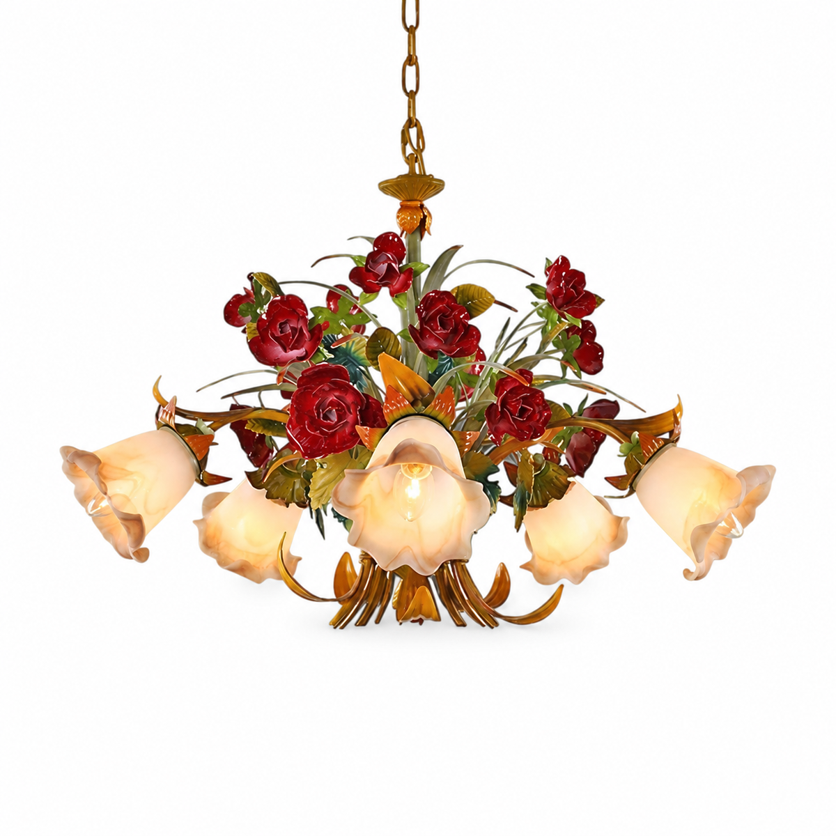 Floral glass rose ceiling light on a clean white background
