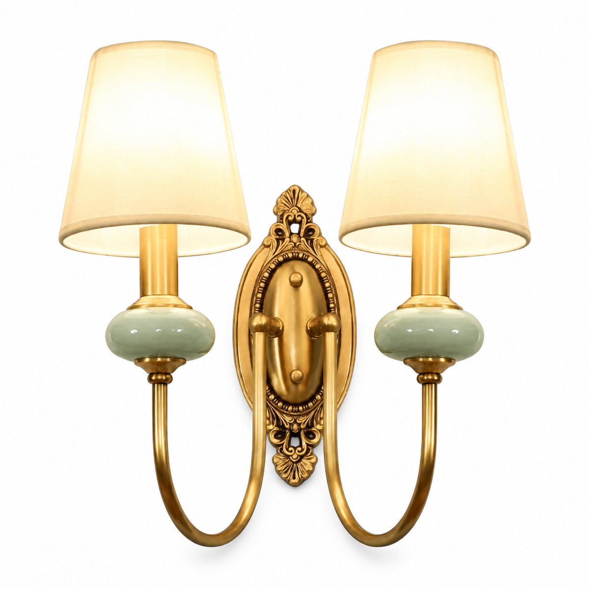 Luxury copper wall lamp with fabric shades on a clean white background