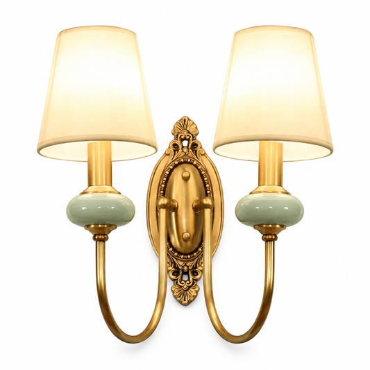 Luxury copper wall lamp with fabric shades on a clean white background
