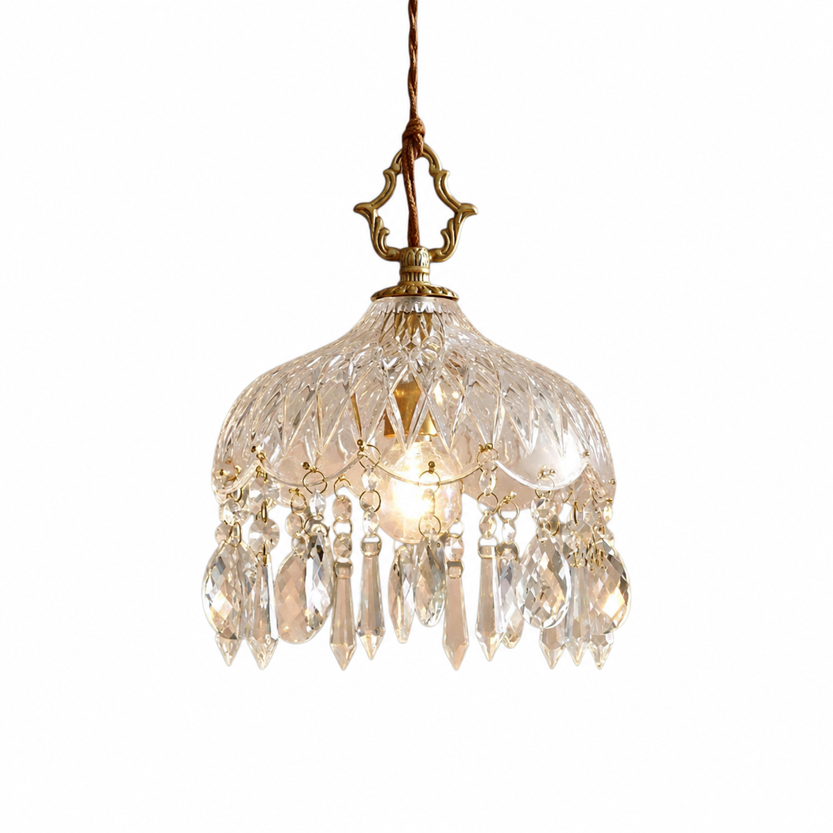 French vintage crystal teadrop copper pendant light on a clean white background