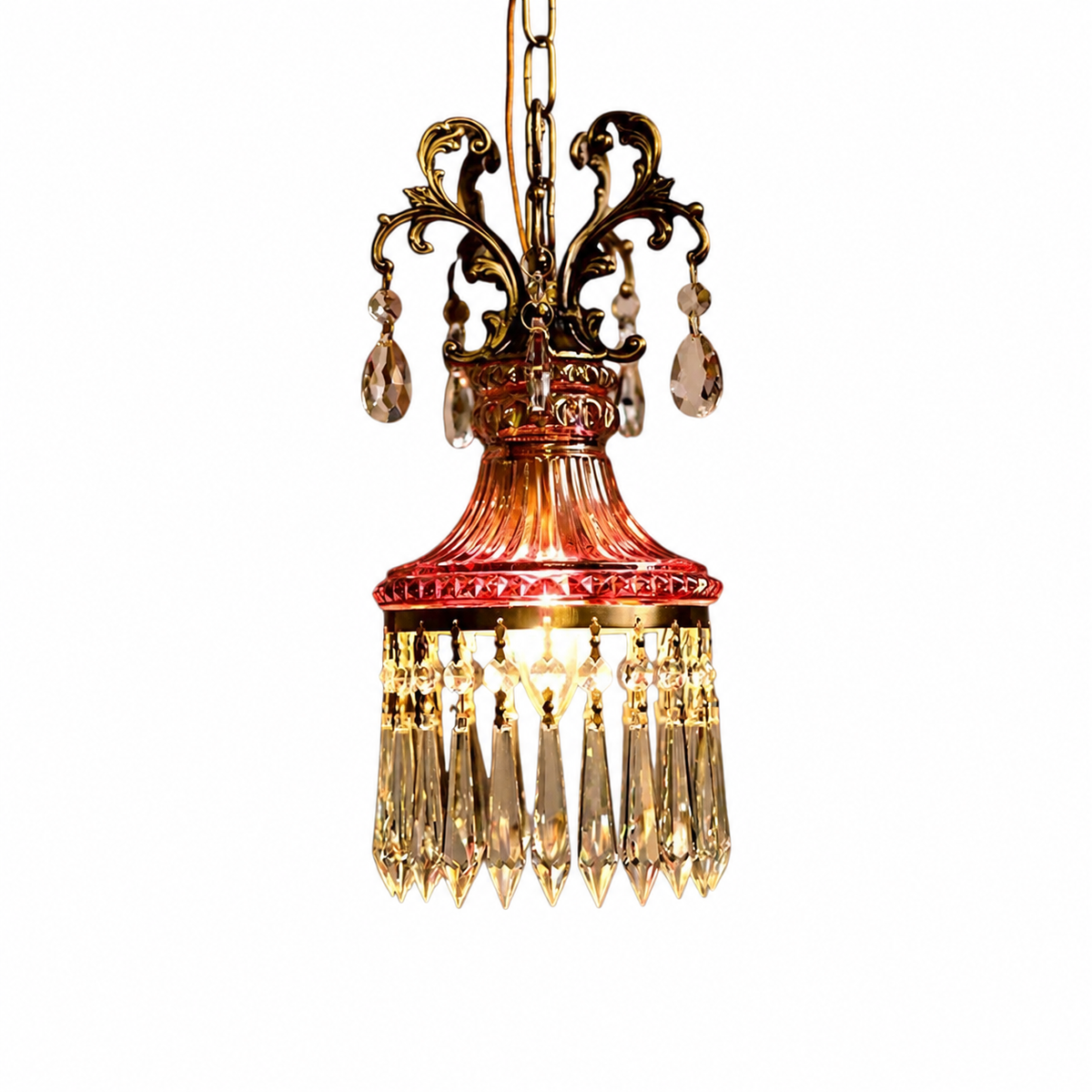 Retro small luxury french crystal pendant light on a clean white background