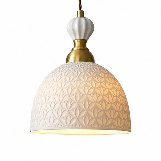 French modern cream pendant light on a clean white background