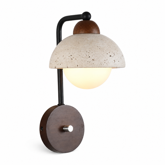 Travertine stone with wood accent wall light on a pure white background