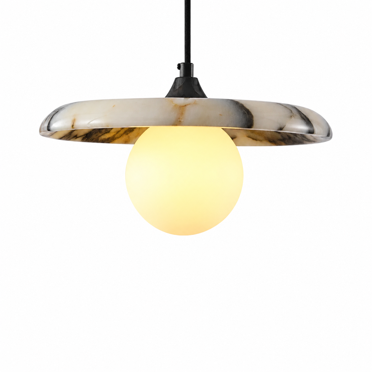 Marble globe pendant light for modern kitchen on a pure white background