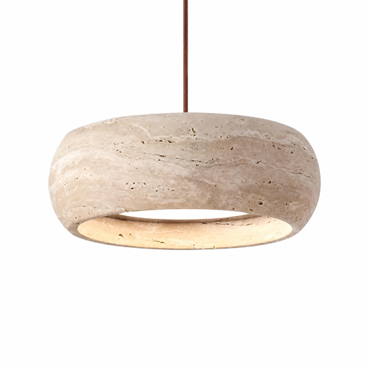 Travertine stone LED modern pendant light on a clean white background