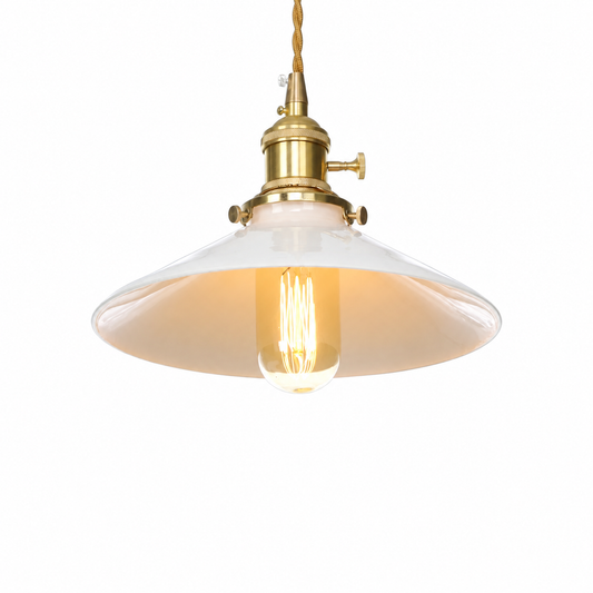 Vintage european glass pendant light with brass accent on a pure white background