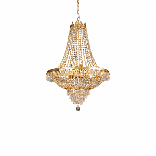 Grand crystal led chandelier for high ceilings on a pure white background