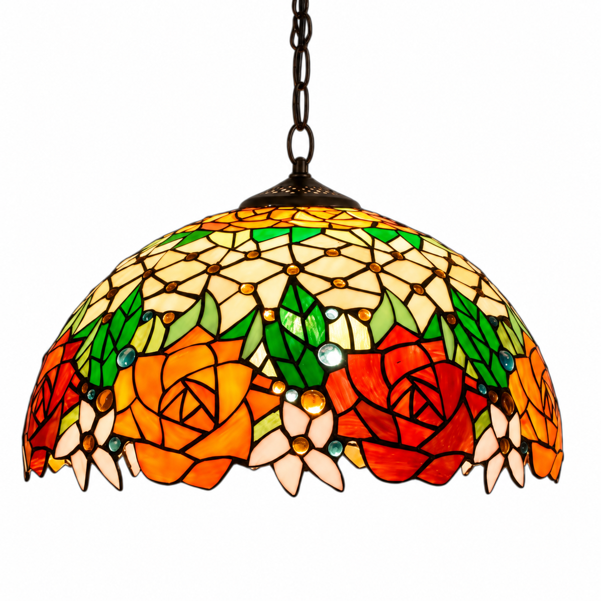 Art nouveau stained glass pendant light on a pure white background