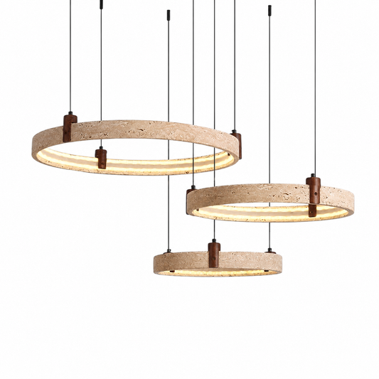Travertine ring stone pendant light for dining room — three-ring variant on a pure white background