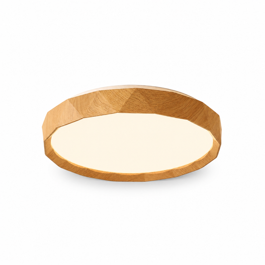 Walnut colored circular ceiling light for bedroom on a pure white background
