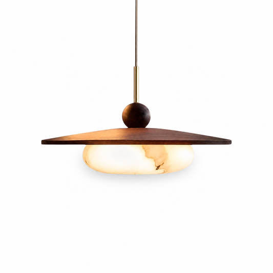 Walnut color led pendant light for dining table and kitchen on a clean white background