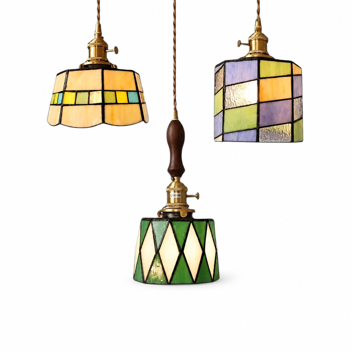Tiffany-style vintage wood brass pendant light on a clean white background