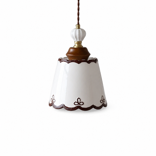 Ceramic LED pendant light with wood nordic design on a clean white background