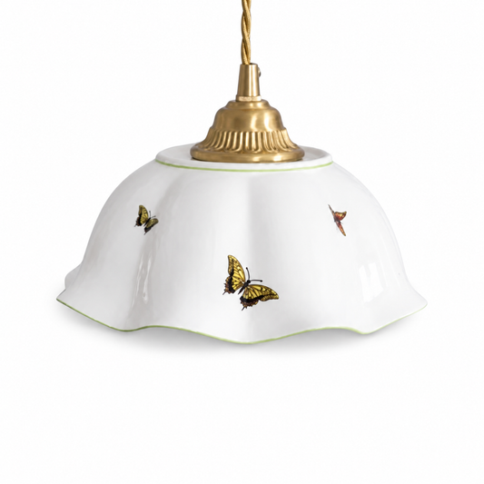 Butterfly ceramic copper LED pendant light for bedroom on a clean white background