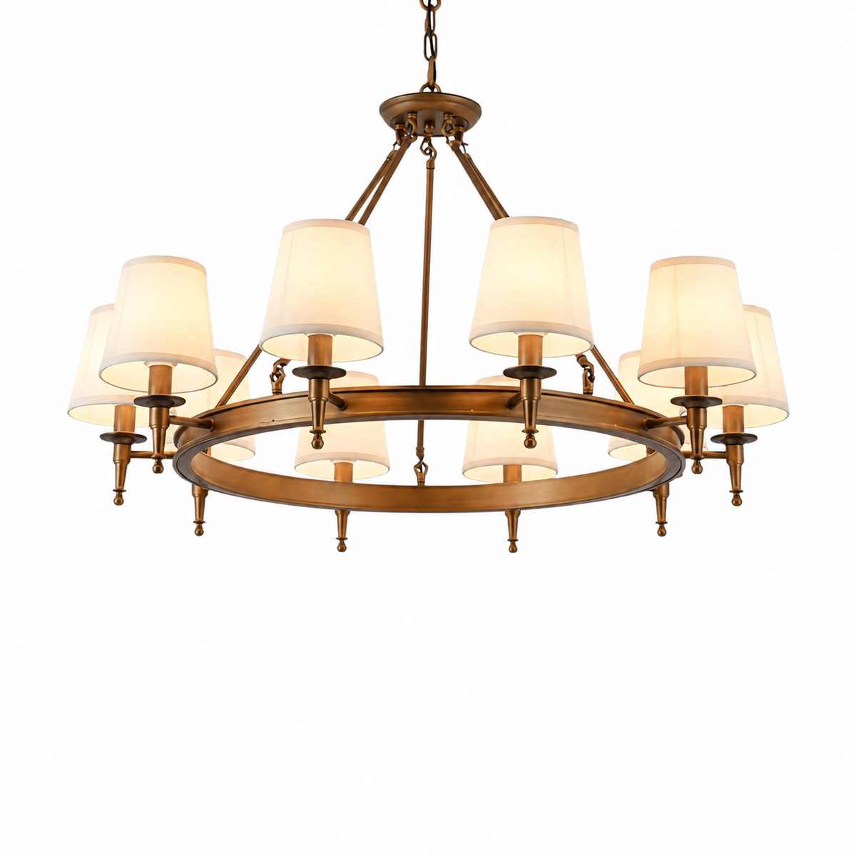 Copper with fabric shades chandelier on a white background