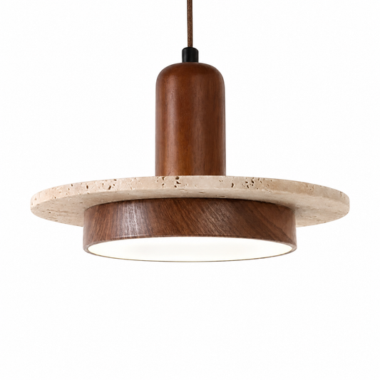 Wabi sabi natural stone pendant with wood accent on a clean white background