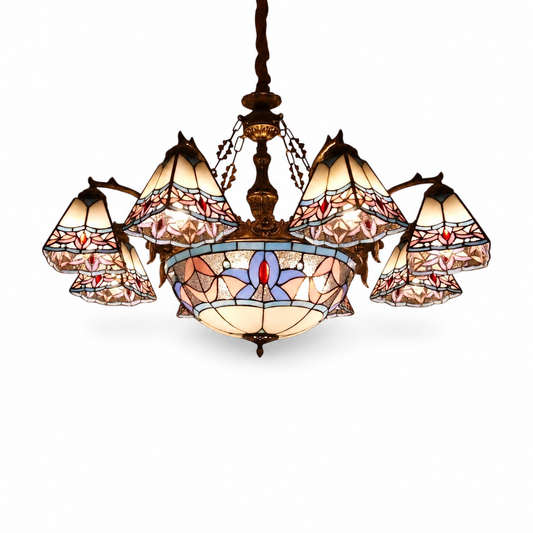 Tiffany-style stained-glass multi-light pendant on a clean white background